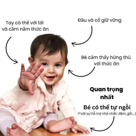 Có thể là hình ảnh về 1 người, em bé và văn bản cho biết 'Tαy có thể với tới và cầm nắm thức ăn Đầu và cổ giữ Đầuvcổgiữvững vững Bé cảm thấy hứng thú với thức ăn Quan trọng nhất Bé có thể tự ngồi (*với sự hỗ trợ nhỏ nhất: đệm, gối...)'